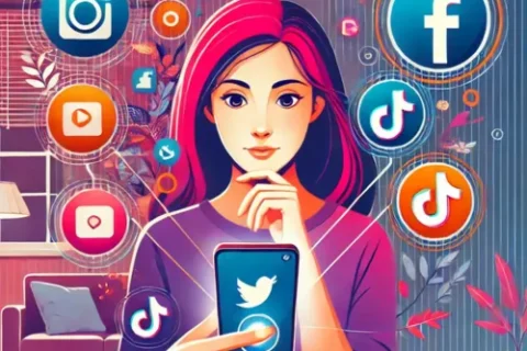 "Ilustração de uma pessoa segurando um smartphone com expressão de curiosidade, enquanto ícones de redes sociais como Instagram, Facebook e TikTok flutuam ao redor do telefone, simbolizando interações online e atividades nas redes sociais.