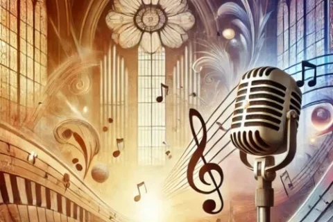 Microfone vintage com notas musicais flutuando em um fundo sereno com luz suave entrando por vitrais coloridos, representando música e espiritualidade.