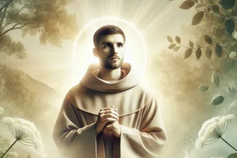 Uma imagem serena e inspiradora de um frei em um ambiente espiritual, cercado por uma luz suave e uma paisagem natural tranquila com vegetação e céu claro, simbolizando paz, reflexão e harmonia divina.